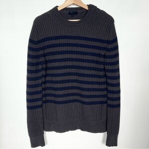 LANVIN Gray Blue Stripe Crew Knit Sweater Heavy Cotton Ribbed Luxury Medium